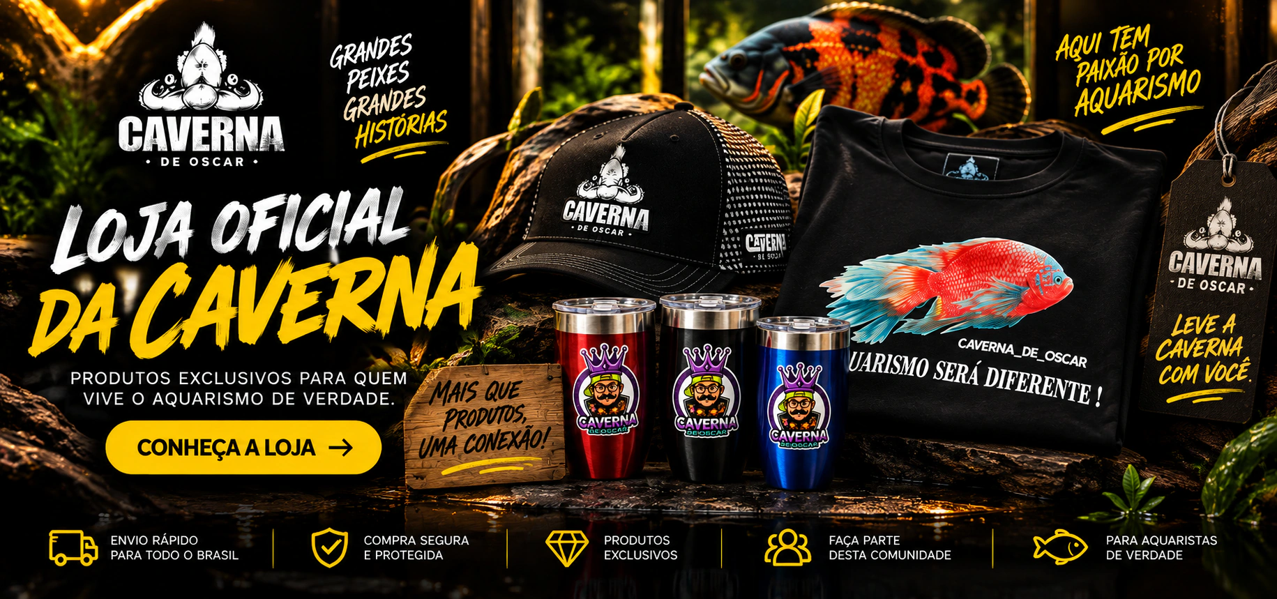 Banner original da loja Caverna de Oscar, com boné, camiseta, copos e a identidade da marca